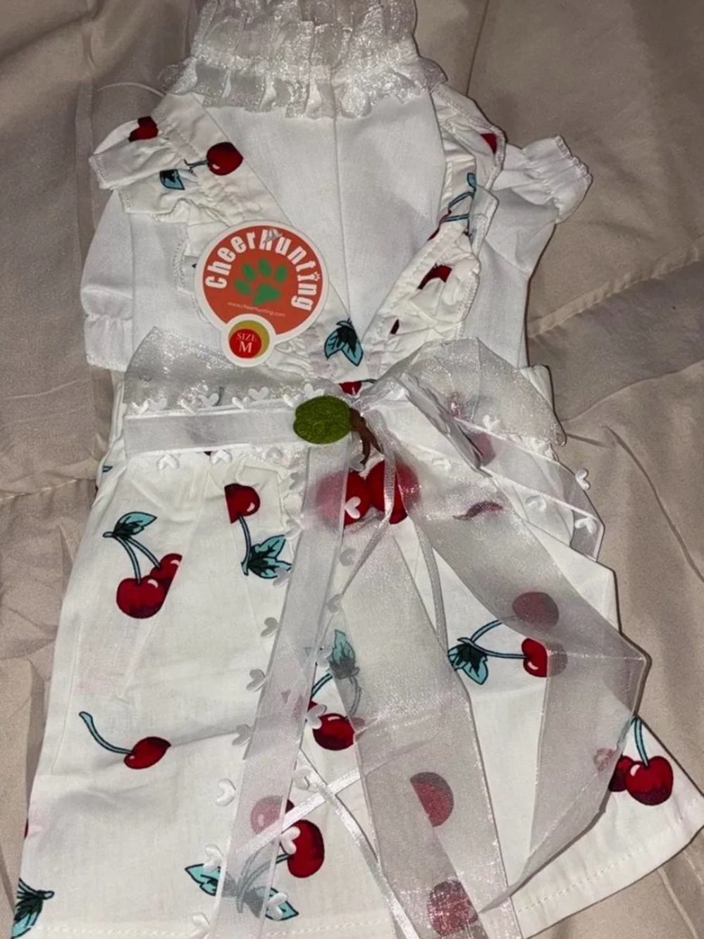 White Cherry-Print Dress with Sheer Bow for dog